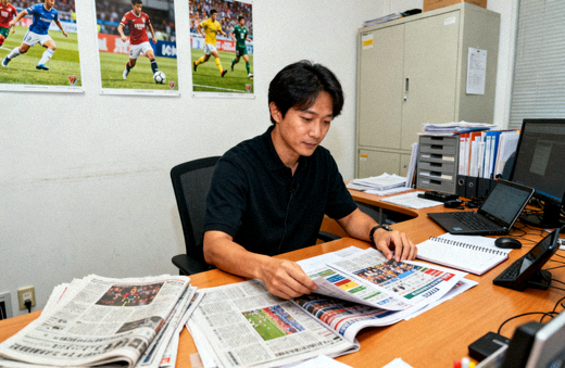 体育新闻编辑室内记者正在整理赛事资讯稿件